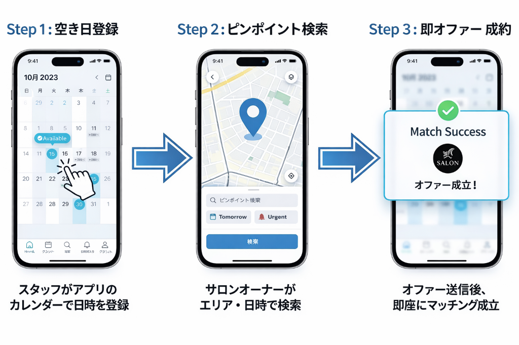 Step 1: 空き日登録, Step 2: ピンポイント検索, Step 3: 即オファー・成約